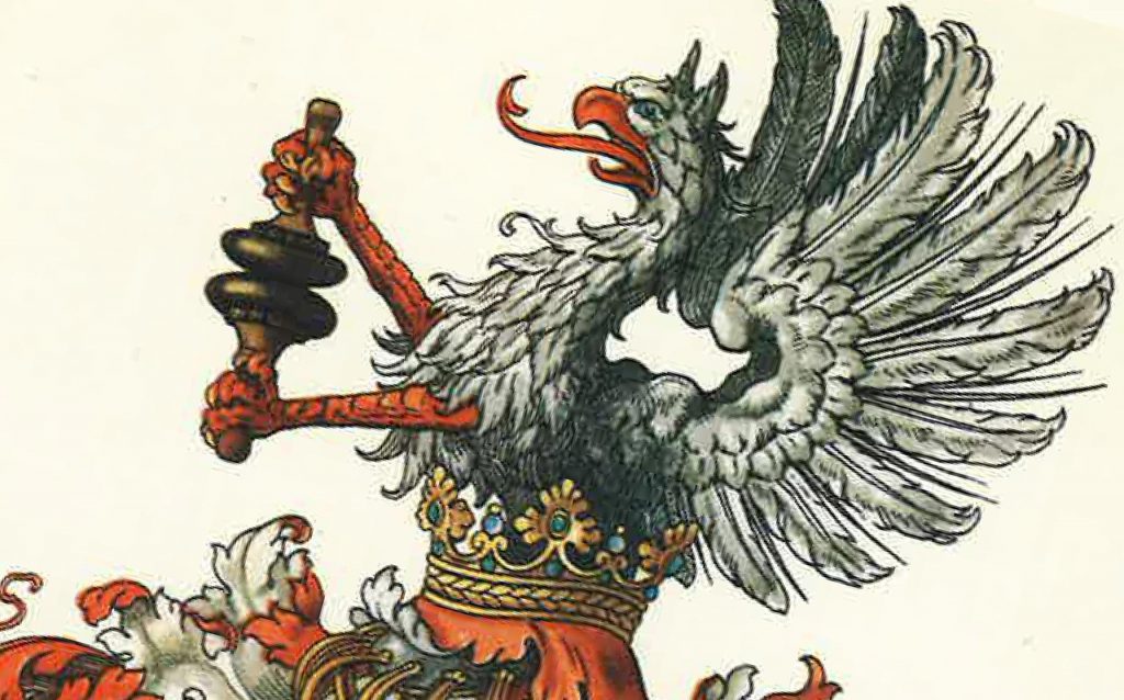 Gekrönter Vogel Mit Flügeln Und Roten Beinen Hält Schwarzen Stab In Einer Kralle, Illustration.