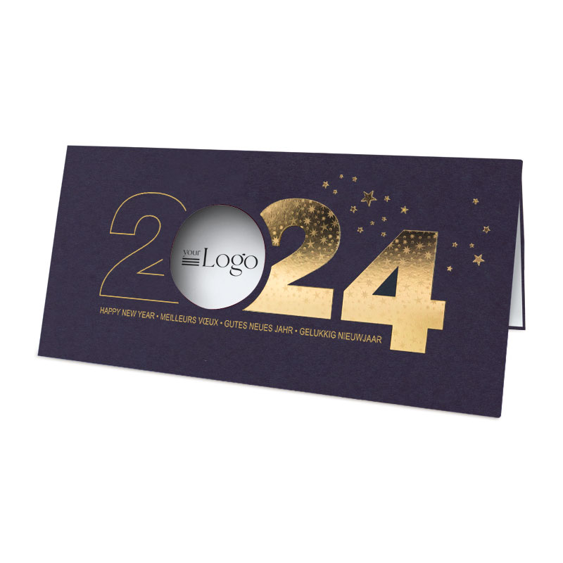 Weihnachtskarten Dunkle Karte Mit Goldener 2024, Rundem Logo-Ausschnitt Und Neujahrsgrüßen In Mehreren Sprachen.