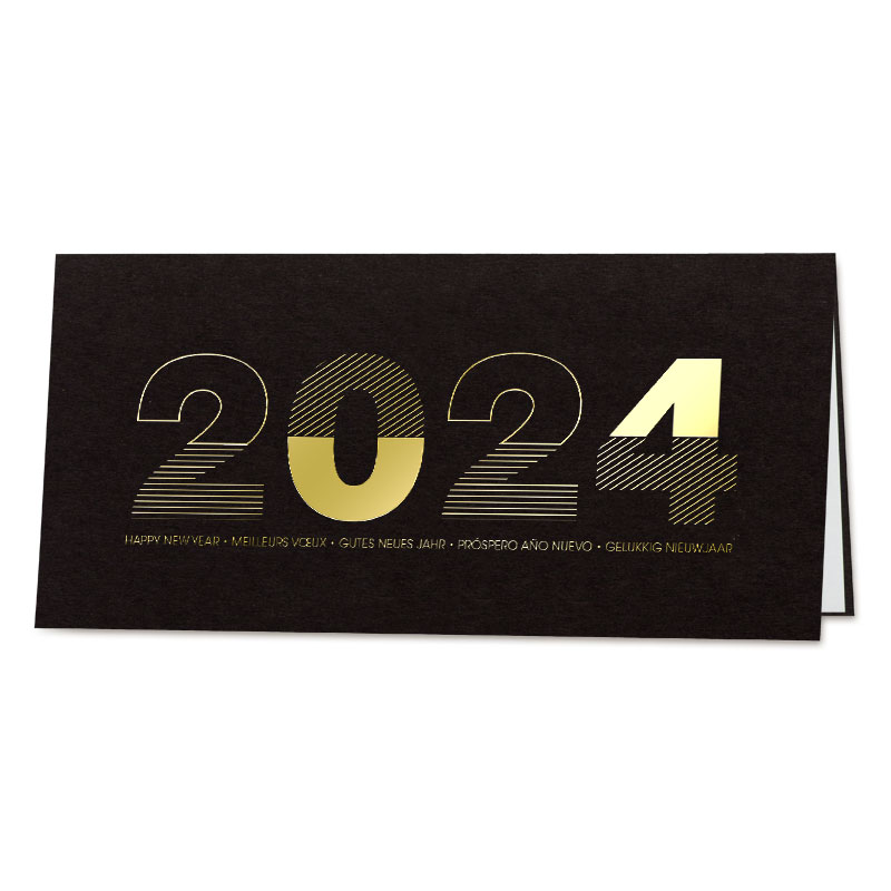 Weihnachtskarten Schwarze Grußkarte Mit Goldenem 2024 Und &Quot;Frohes Neues Jahr&Quot; In Mehreren Sprachen Darunter.
