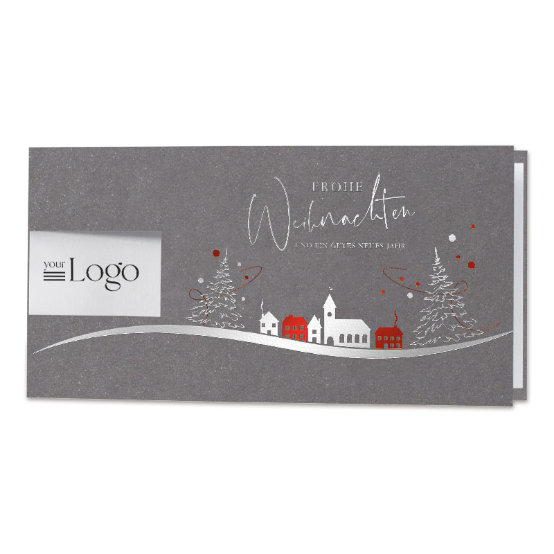Weihnachtskarten Graue Grußkarte Mit Weiß-Rotem Dorf, Bäumen, Deutschem Text Und Platz Für Ein Logo Links.