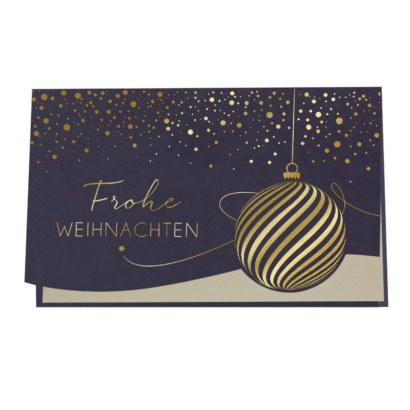 Weihnachtskarten Dunkle Karte Mit Goldenen Punkten, Gestreifter Kugel Und Schriftzug &Quot;Frohe Weihnachten&Quot; In Goldschrift.