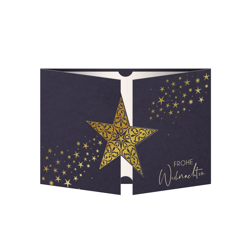 Weihnachtskarten Dunkle Karte Mit Großem Goldenen Stern, Kleineren Sternen Und Der Aufschrift &Quot;Frohe Weihnachten&Quot; In Weißer Schrift.