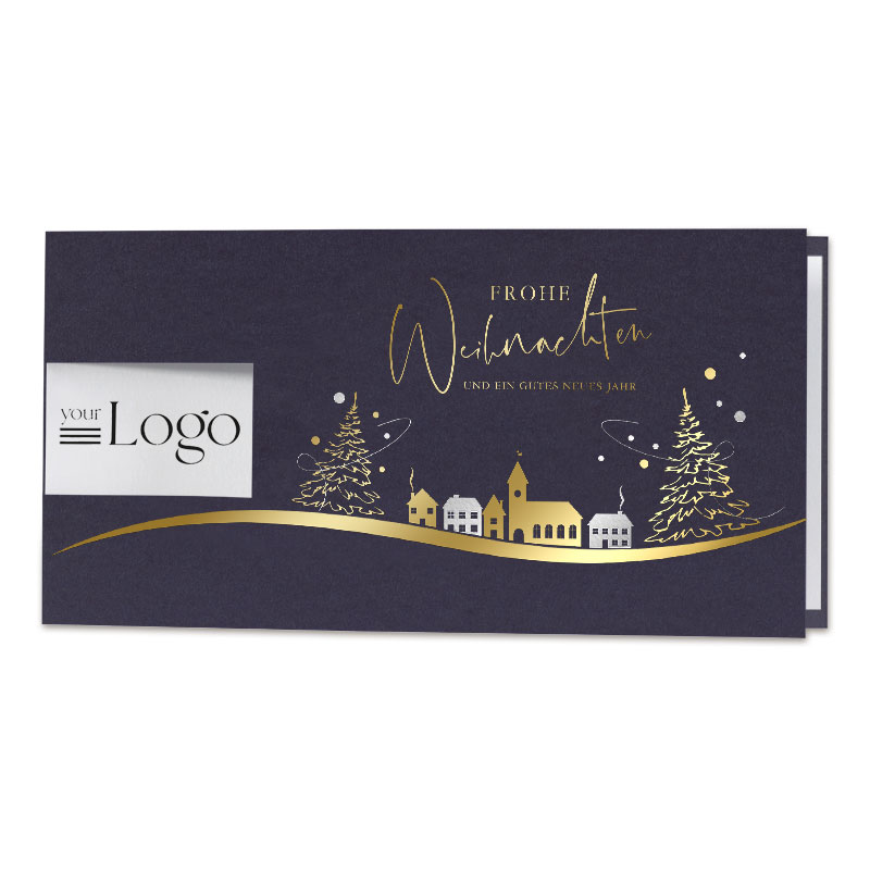 Weihnachtskarten Dunkle Karte Mit Goldenen Weihnachtsbäumen, Dorf, Schriftzug &Quot;Frohe Weihnachten&Quot; Und Logofläche Links.