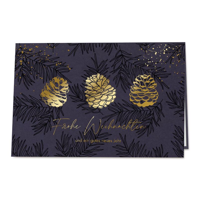 Weihnachtskarten Grußkarte Mit Goldenen Zapfen Und Zweigen, Darauf Der Text &Quot;Frohe Weihnachten Und Ein Gutes Neues Jahr&Quot;.
