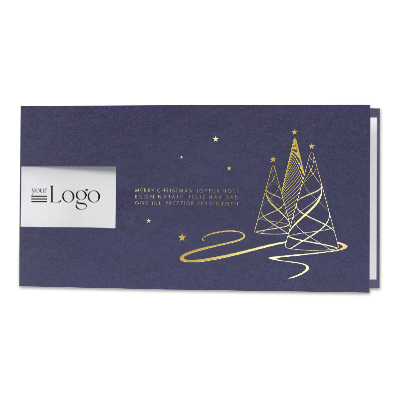 Weihnachtskarten Karte In Dunkelblau Mit Goldenen Abstrakten Bäumen, Sternen, Mehrsprachigen Grüßen Und Freier Fläche Für Ein Logo Links.