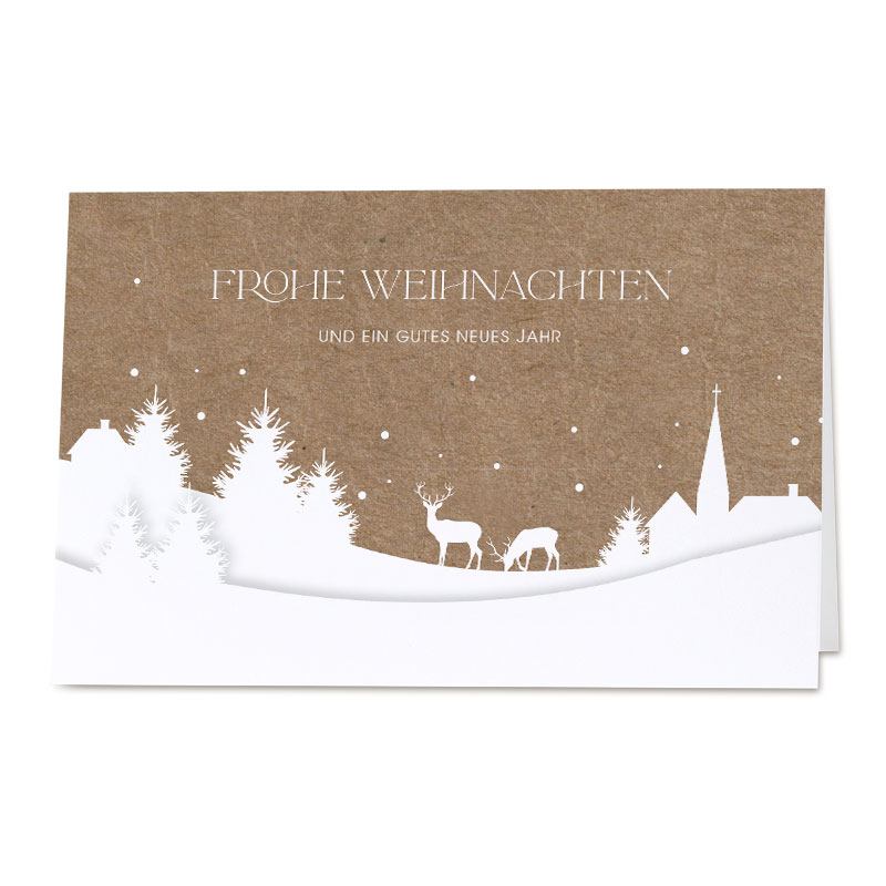 Weihnachtskarten Braun-Weiße Weihnachtskarte Mit Tannen, Hirschen, Häusern Und Deutschem Weihnachts- Und Neujahrsgruß.