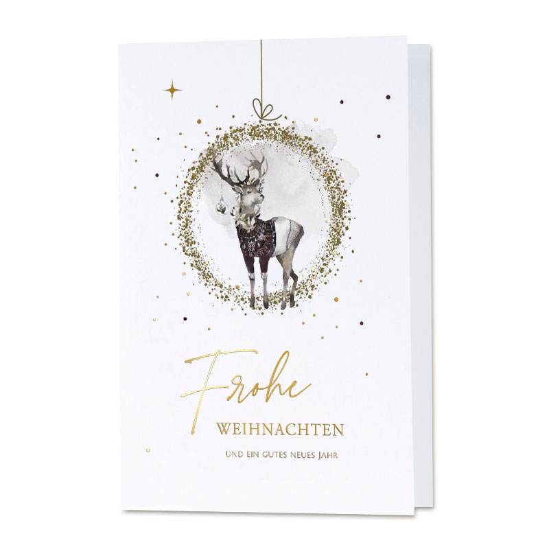 Weihnachtskarten Weihnachtskarte Mit Rentierzeichnung Im Goldglänzenden Kranz Und Text &Quot;Frohe Weihnachten Und Ein Gutes Neues Jahr&Quot;.