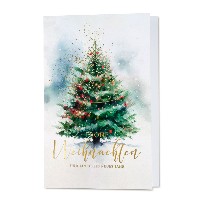 Weihnachtskarten Aquarellbild Eines Geschmückten Weihnachtsbaums Mit Goldenem Schriftzug &Quot;Frohe Weihnachten Und Ein Gutes Neues Jahr&Quot;.