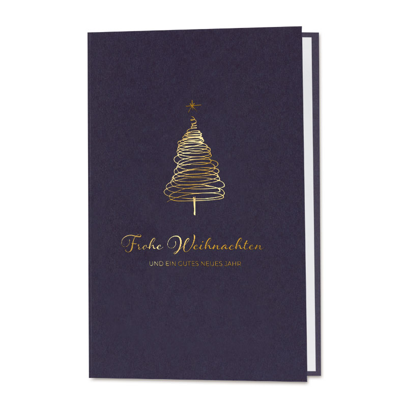 Weihnachtskarten Dunkle Grußkarte Mit Goldfoliertem Weihnachtsbaum Und Deutschem Schriftzug &Quot;Frohe Weihnachten Und Ein Gutes Neues Jahr&Quot;.