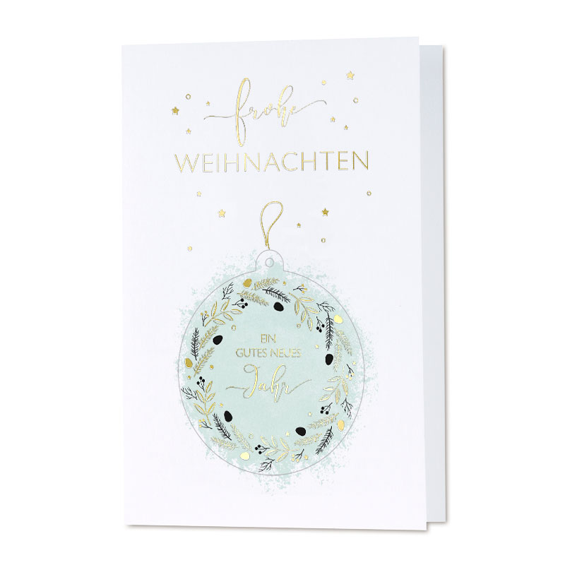 Weihnachtskarten Weiße Grußkarte Mit Goldenem Text &Quot;Frohe Weihnachten Und Ein Gutes Neues Jahr&Quot; Sowie Einer Hellblauen Ornamentgrafik.