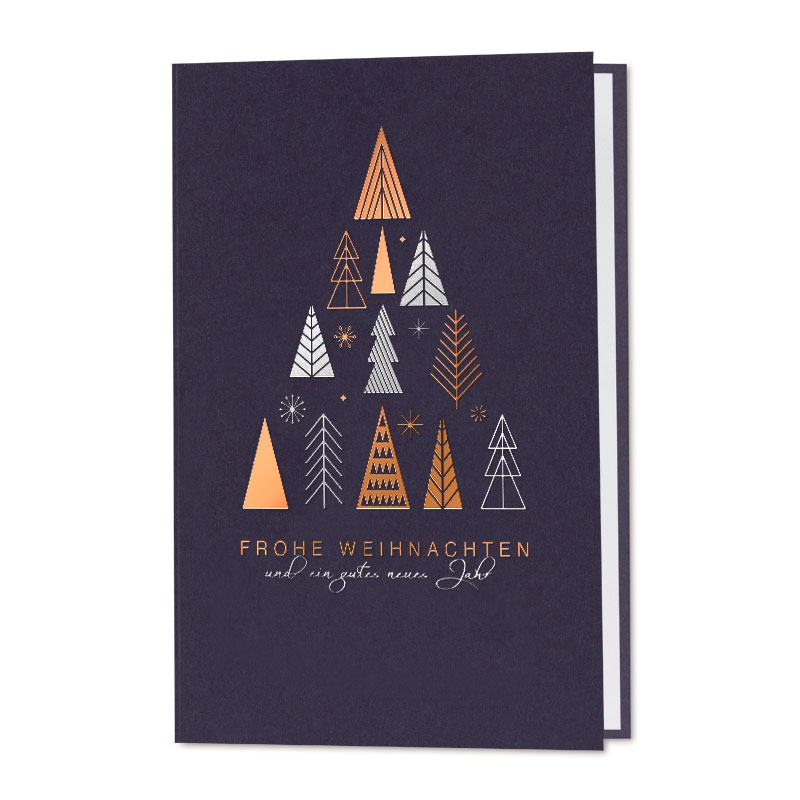 Weihnachtskarten Dunkle Karte Mit Dreieckig Angeordneten, Metallisch Glänzenden Tannenbaumformen Und Aufschrift Frohe Weihnachten.