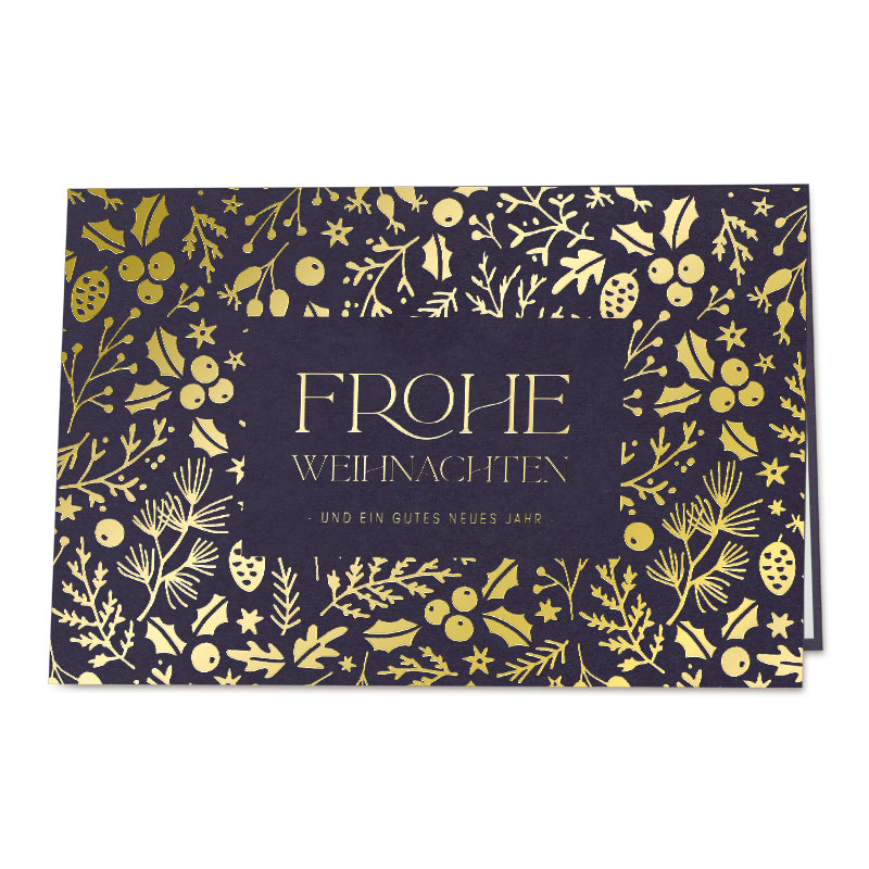 Weihnachtskarten Klappkarte Mit Goldenen Blumen- Und Pflanzmotiven, Aufschrift &Quot;Frohe Weihnachten Und Ein Gutes Neues Jahr&Quot;, Dunkler Hintergrund.