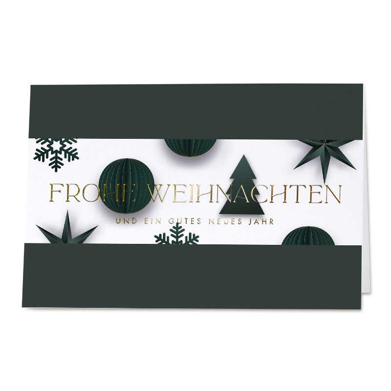 Weihnachtskarten Weihnachtskarte Mit Goldener Aufschrift &Quot;Frohe Weihnachten&Quot;, Grünen Kugeln, Sternen Und Schneeflocken Auf Weißem Hintergrund.