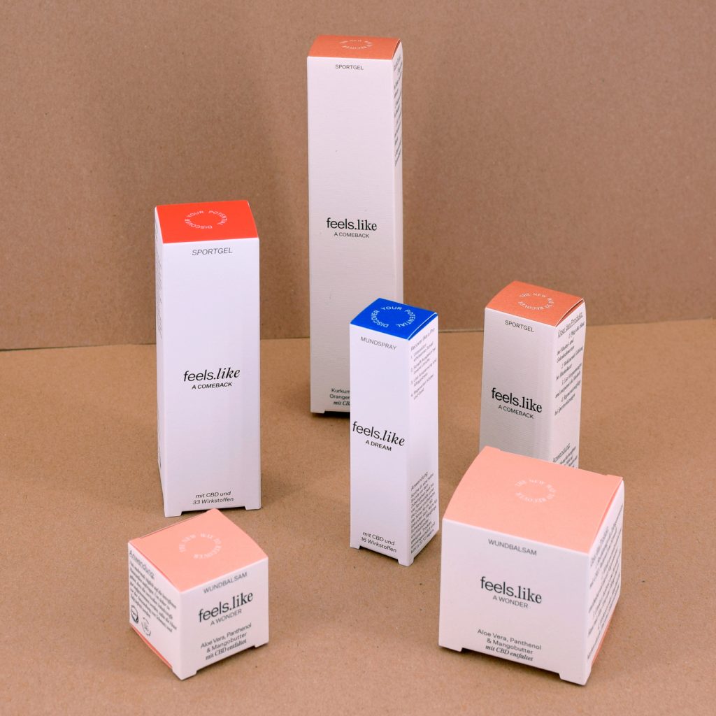 Produktverpackungen Der Marke Feels.like Für Sportgel, Mundspray Und Wundbalsam – Druckerei Hemmersbach