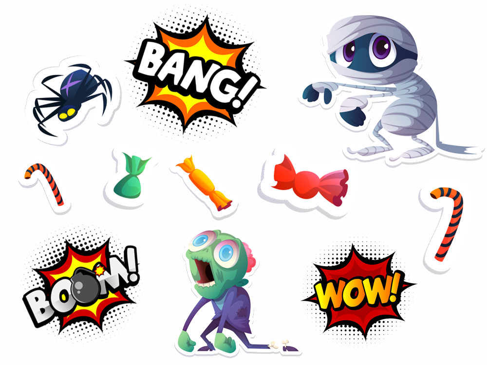Aufkleber Und Klebeetiketten Bedrucken Comic-Aufkleber Spinne Mit Gelben Augen, Halloween-Motiv Comic-Aufkleber Mumie Mit Großen Augen, Halloween-Motiv Comic-Aufkleber Zombie Mit Offenem Mund, Witziges Halloween-Motiv Comic-Schriftzug Bang In Gelber Explosionsblase Als Aufkleber Comic-Schriftzug Boom Mit Bombe In Roter Explosionsblase Als Aufkleber Comic-Schriftzug Wow In Roter Stern-Explosionsblase Als Aufkleber Zuckerstange Orange Schwarz Gestreift, Links Gebogen, Halloween-Aufkleber Zuckerstange Orange Schwarz Gestreift, Rechts Gebogen, Halloween-Aufkleber Bonbon Grün Verpackt, Süßes Halloween-Sticker-Motiv Bonbon Orange Verpackt, Süßes Halloween-Sticker-Motiv Bonbon Rot Mit Schleife, Süßes Halloween-Sticker-Motiv