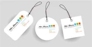 Drei Produktanhänger-Designs Für Mr. Deco – Ihr Raumausstatter, In Rechteckiger, Runder Und Quadratischer Form Mit Logo Und Bunten Farbakzenten