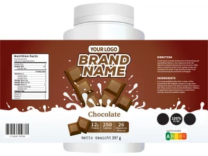 Proteinpulver-Etikett Im Schokoladengeschmack Mit Nährwertangaben, Milch- Und Schokoladenwürfelgrafik, Beispieltext Und Nutri-Score – Produktdesignvorlage _Druckerei Hemmersbach