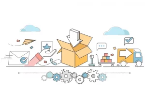 Illustration Des Versand- Und Lieferprozesses Mit Symbolen Für Verpackung, Transport, Logistik Und Kommunikation – Druckerei Hemmersbach