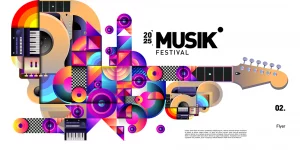 Bunter Geometrischer Flyer Für Das Musikfestival 2025 Mit Gitarren- Und Keyboard-Illustrationen – Druckerei Hemmersbach