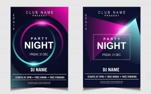 Zwei Moderne Partyflyer-Designs Mit Neonfarben In Pink, Blau Und Lila Für Eine Club-Nacht Am Freitag, Den 31. Dezember