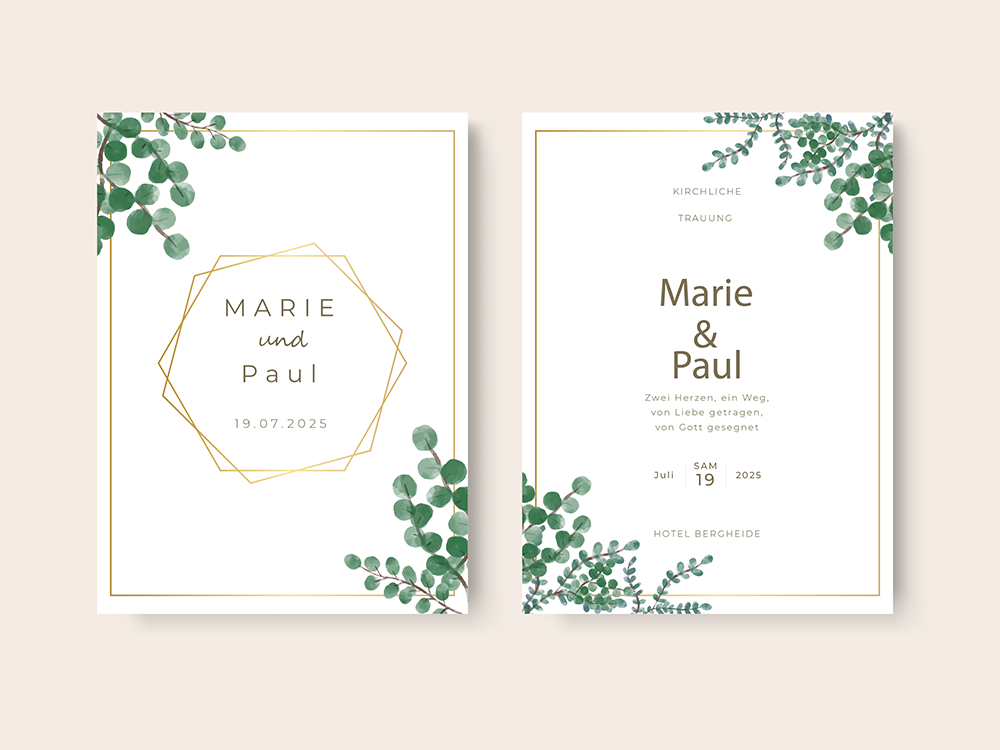 Kirchenhefte Hochzeitseinladung Mit Eukalyptus-Design, Goldener Rahmenlinie Und Den Namen „Marie Und Paul“ Für Den 19.07.2025 – Druckerei Hemmersbach
