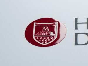 Rundes Rotes Wappen-Logo Mit Glänzendem Finish Auf Weißem Hintergrund, Detailreich Gestaltet Mit Gebäude- Und Tropfensymbolen