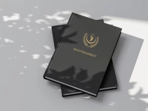 Elegante Schwarze Masterarbeit-Bücher Mit Goldener Prägung Und Schatteneffekt Auf Grauem Hintergrund – Druckerei Hemmersbach