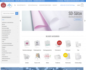 Screenshot Einer Online-Druckerei-Website Mit Kategorien Wie Visitenkarten, Flyer, Briefpapier Und Durchschreibesätze