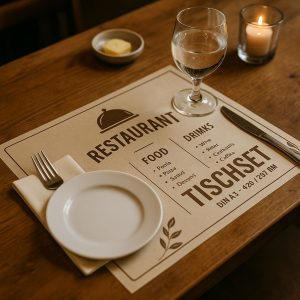 Restaurant-Tischset Im Din-A3-Format Mit Speisen- Und Getränkekarte, Gedecktem Tisch Mit Besteck, Teller, Glas Und Kerze – Druckerei Hemmersbach