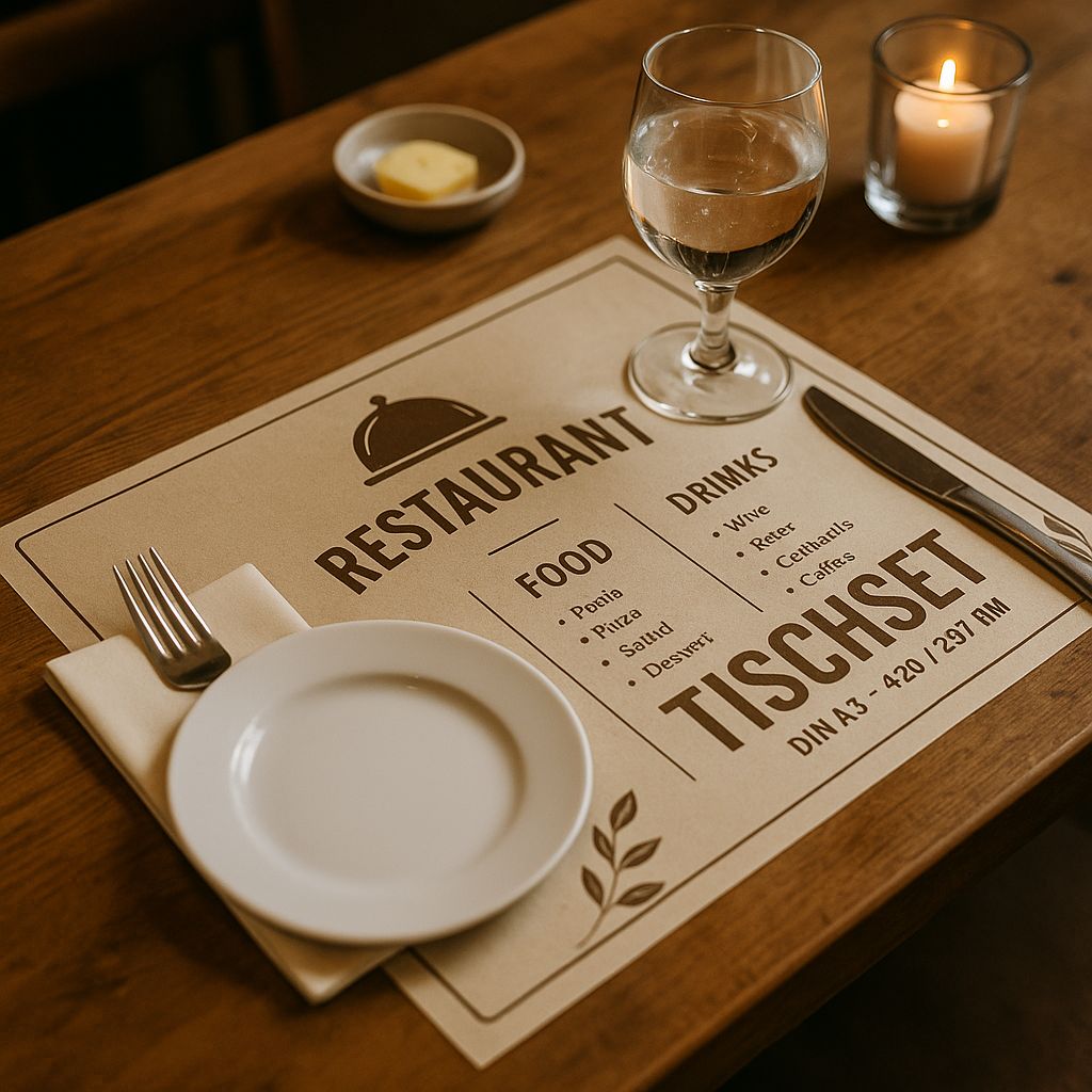 Restaurant-Tischset Im Din-A3-Format Mit Speisen- Und Getränkekarte, Gedecktem Tisch Mit Besteck, Teller, Glas Und Kerze – Druckerei Hemmersbach