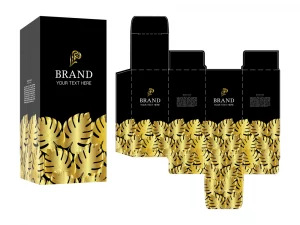 Luxuriöses Verpackungsdesign In Schwarz Mit Goldenen Tropischen Blättern Und Logo, Inklusive Stanzvorlage – Druckerei Hemmersbach