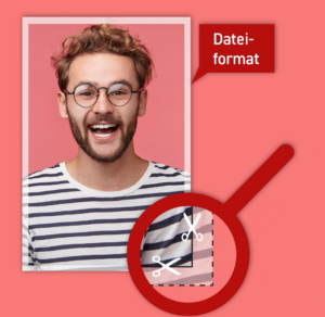 Porträtfoto Eines Lachenden Mannes Mit Brille In Rahmen, Daneben Rotes Dateiformat-Schild Mit Großem Scheren-Symbol.