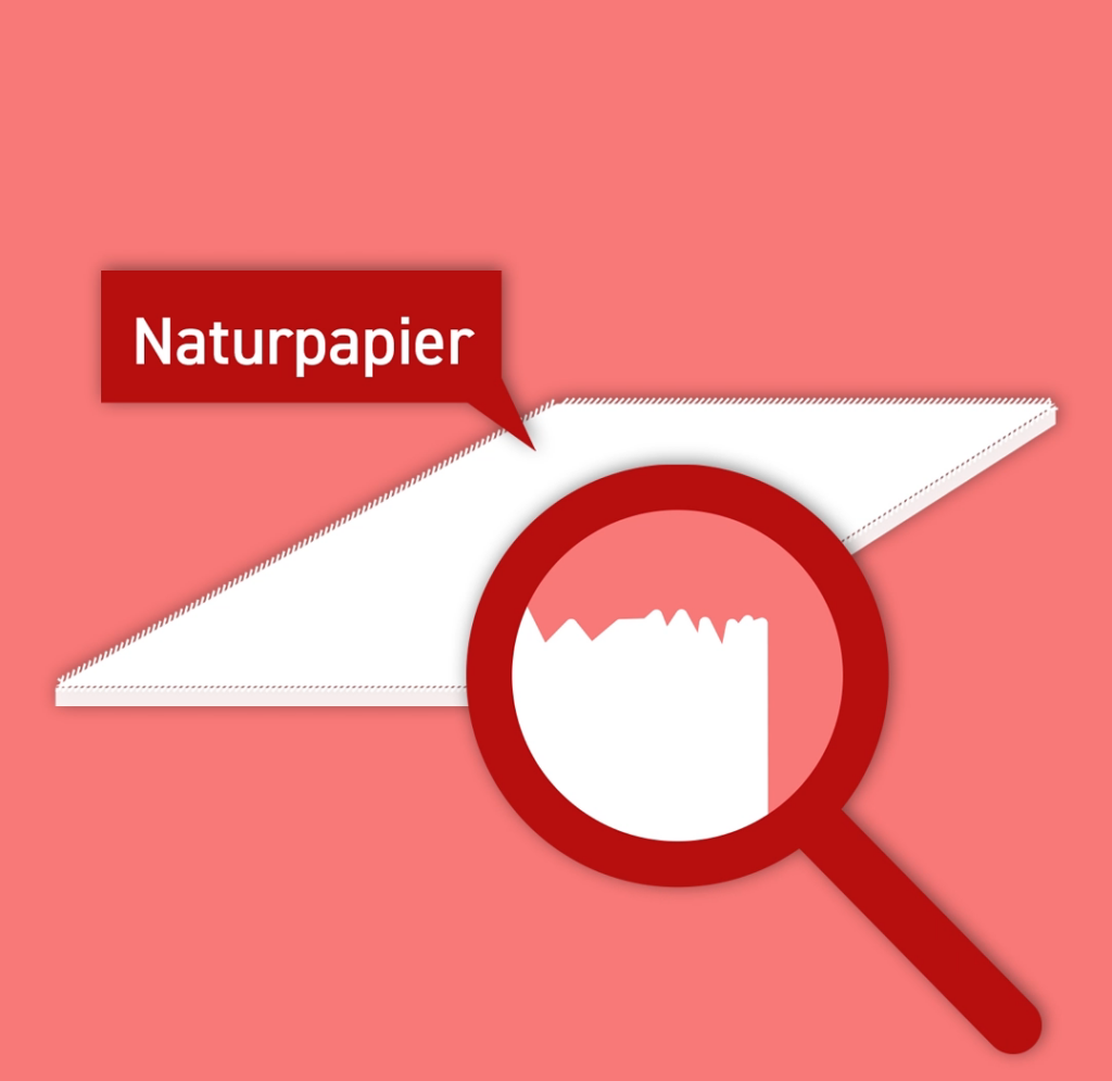 Lupe Vergrößert Die Raue Kante Eines Weißen Blatts Mit Aufschrift &Quot;Naturpapier&Quot; Auf Pinkem Hintergrund.