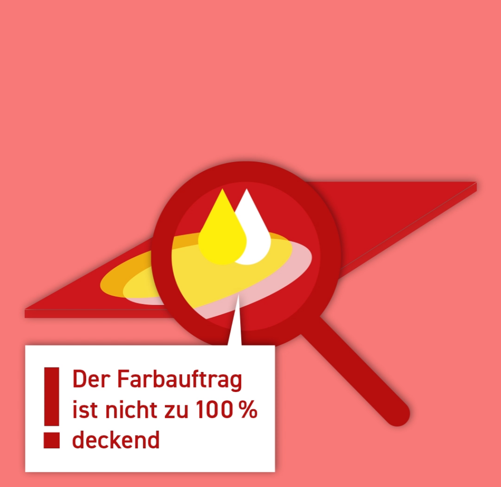 Eine Lupe Zeigt Ungleichmäßigen Farbauftrag Auf Einer Oberfläche Mit Dem Text: Der Farbauftrag Ist Nicht Zu 100 % Deckend.