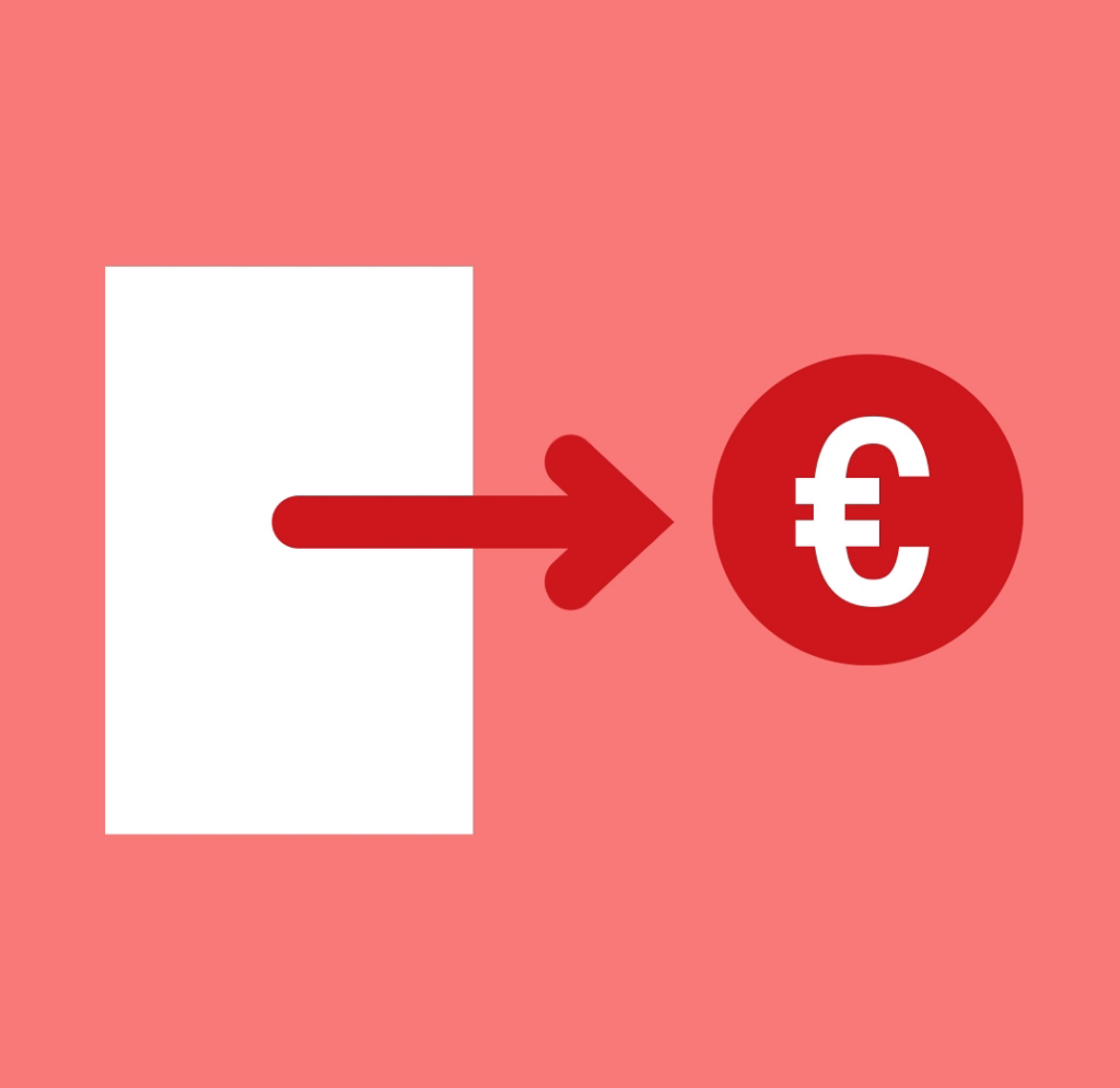 Roter Pfeil Zeigt Von Weißem Rechteck Auf Roten Kreis Mit Weißem Euro-Zeichen Vor Rosa Hintergrund.