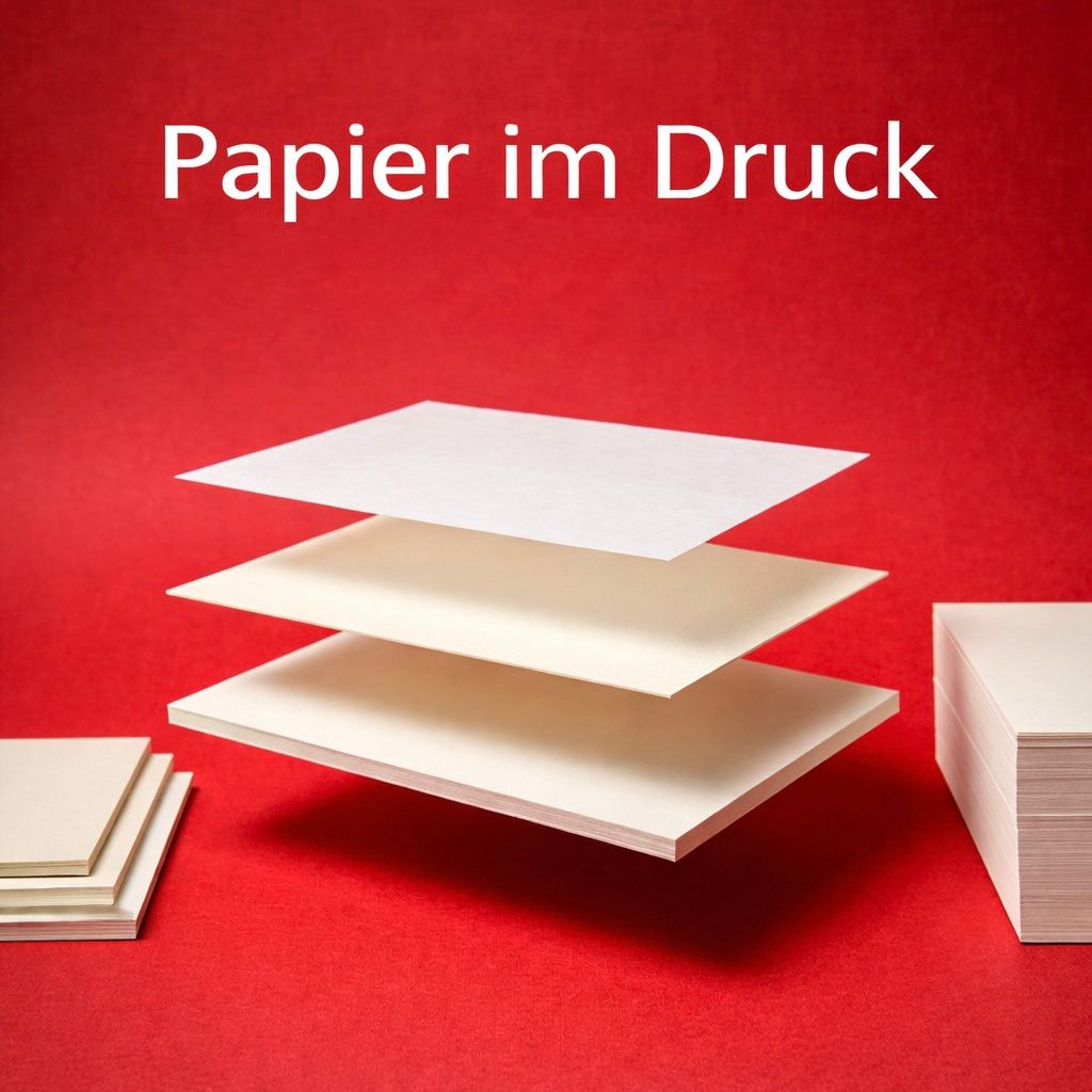 Drei Weiße Papierblätter Schweben Über Papierstapeln Vor Rotem Hintergrund, Darüber Steht &Quot;Papier Im Druck&Quot;.