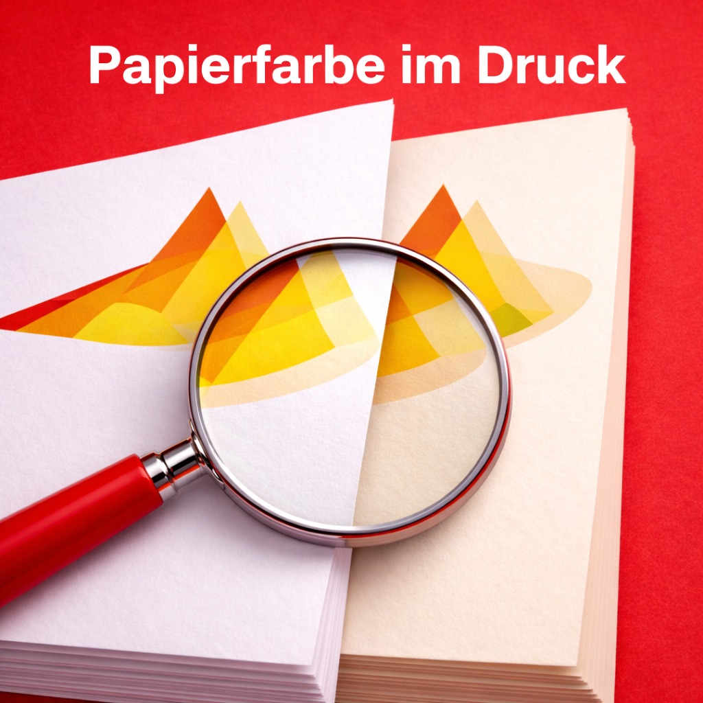 Lupe Zeigt Farbunterschiede Bei Zwei Papierstapeln, Schriftzug &Quot;Papierfarbe Im Druck&Quot; Ist Sichtbar.