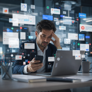 Mann Arbeitet Im Büro An Schreibtisch Mit Laptop Und Telefon, Umgeben Von Digitalen Diagrammen Und Schwebenden Daten.